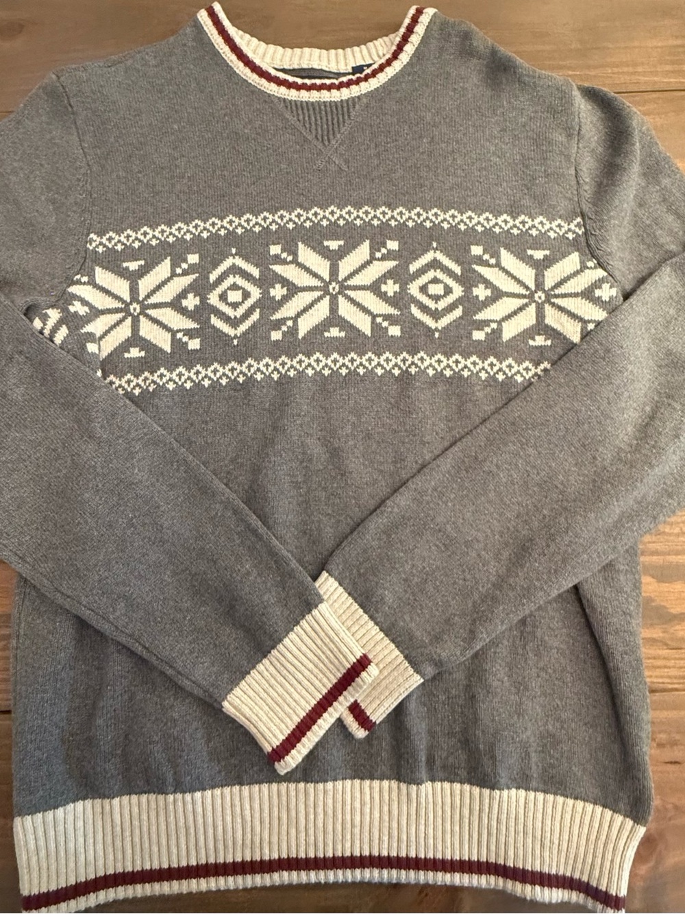 Chaps Gray Crewneck Sweater with Cream Fair Isle and Maroon Trim